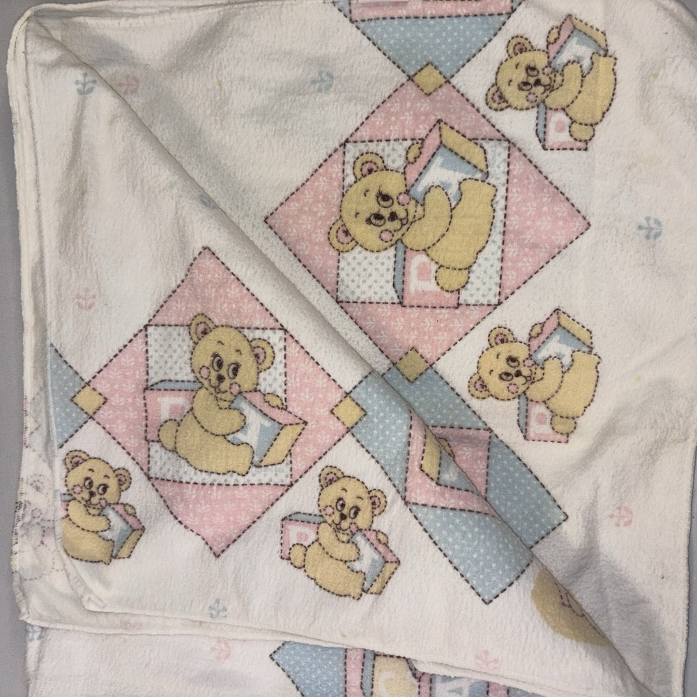 Vintage Riegel Baby Blanket Pastel Baby‎ BEAR Blocks 30x30 Cotton